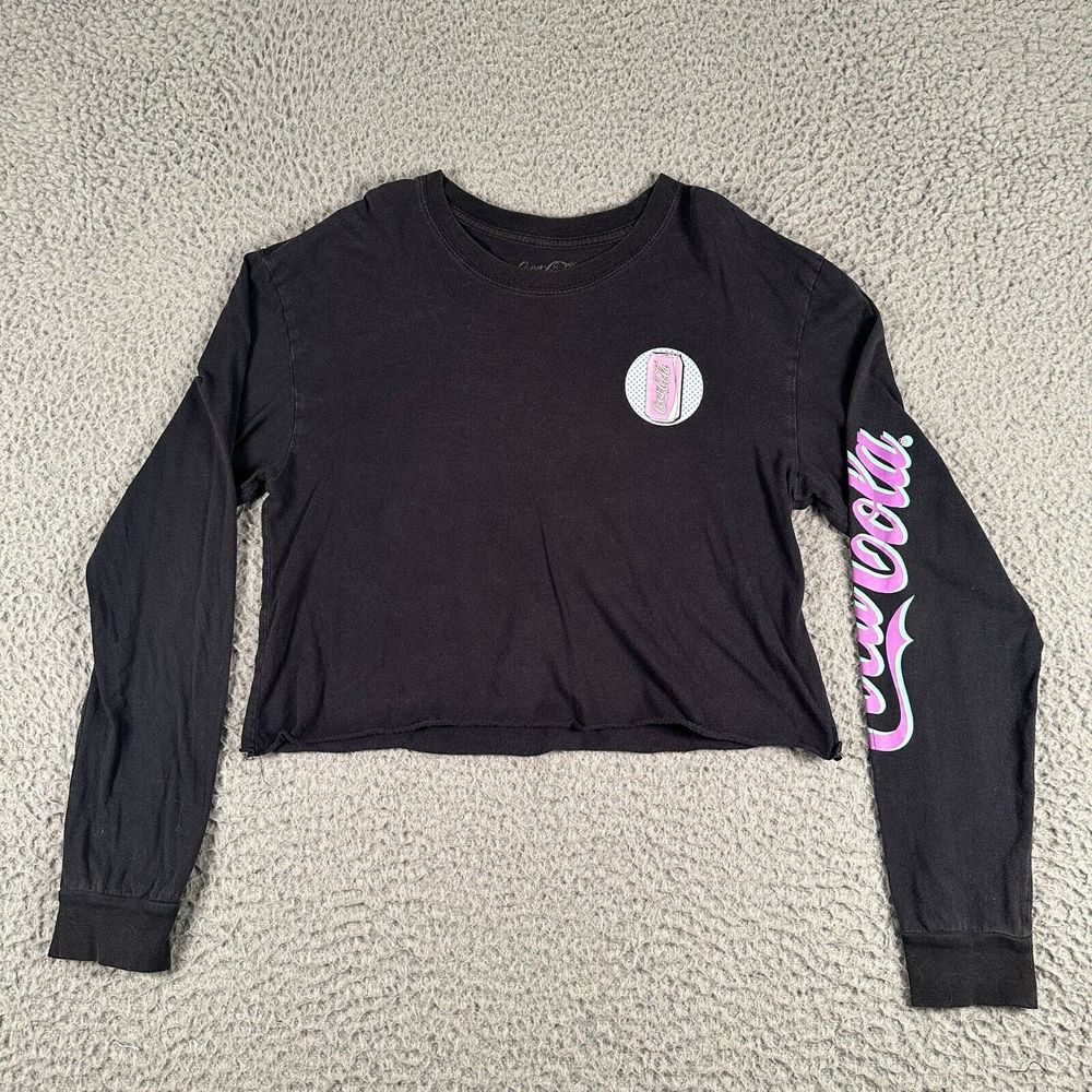 Vtg Coca-Cola Shirt Womens XL‎ Black Cropped Long Sleeve